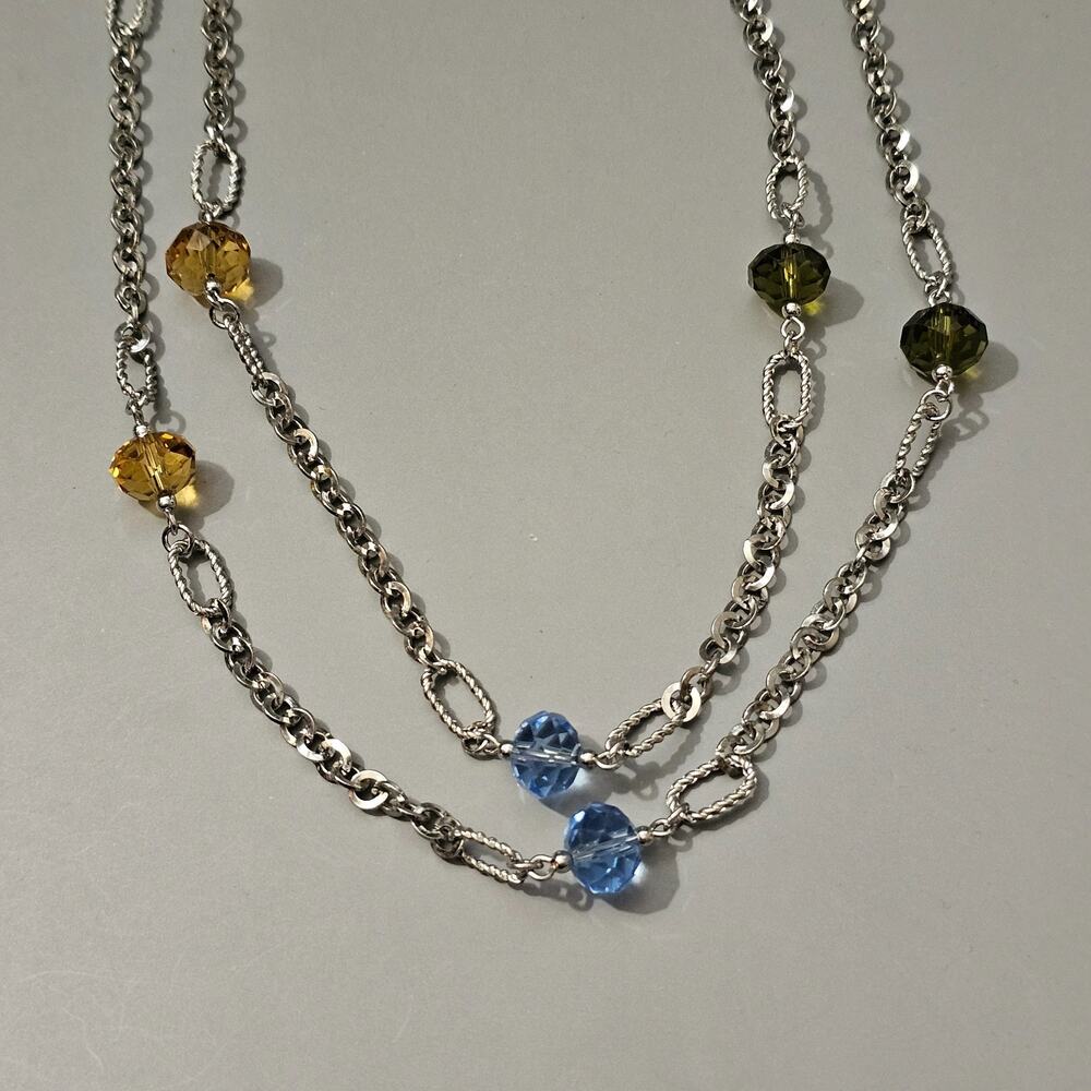 Premier Designs SUSANNA Eternity Chain Necklace Faceted Glass Beads Silvertone